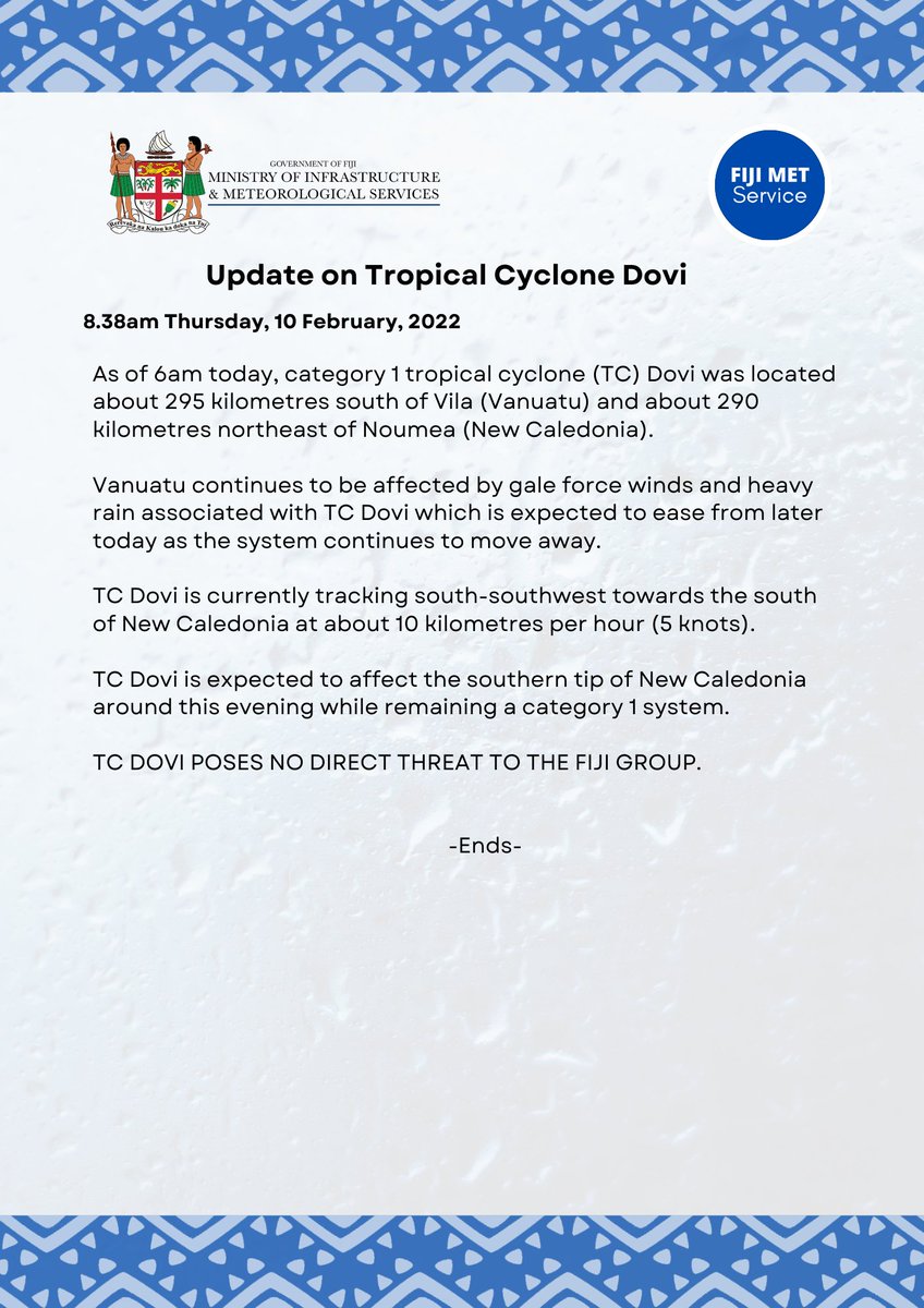 FJMETservice's tweet photo. 🌀Update on Tropical Cyclone Dovi (Category 1) https://t.co/crbVrv2fUJ