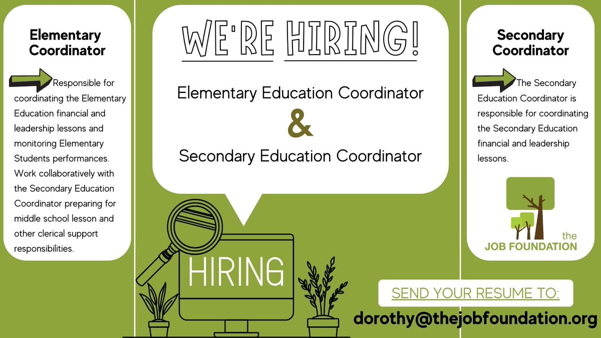 The Job Foundation (@_jobfoundation) on Twitter photo The Job Foundation is hiring for our Secondary Education Coordinator & our Elementary Education Coordinator!
Send your resume to dorothy@thejobfoundation.org or apply through our Indeed ⬇️
Elementary Position: indeedhi.re/3BaPxci
Secondary Position: indeedhi.re/3oBlIwz The Job Foundation is hiring for our Secondary Education Coordinator & our Elementary Education Coordinator!
Send your resume to dorothy@thejobfoundation.org or apply through our Indeed ⬇️
Elementary Position: indeedhi.re/3BaPxci
Secondary Position: indeedhi.re/3oBlIwz