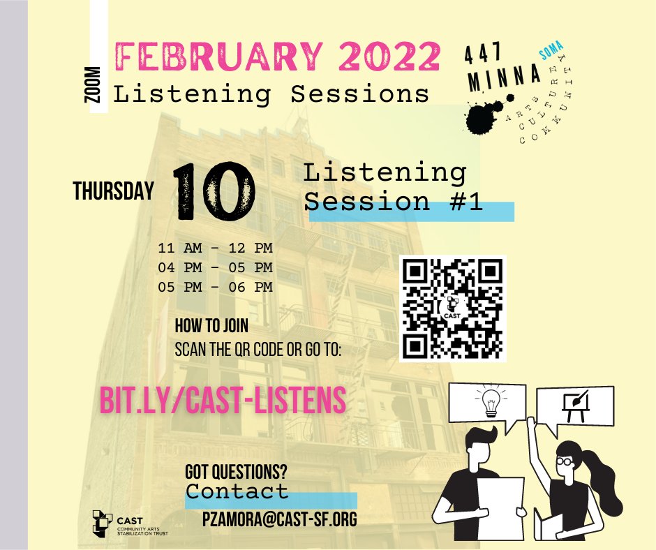 CASTSF's tweet photo. 👉TOMORROW! Our virtual listening sessions are kicking off - sign up with the QR code or click 🔗 to RSVP: https://t.co/xpuRlJVKD3

Learn more at our official #447Minna website: https://t.co/fxQZAwZB3h

#castsf #bayareaarts #nonprofit #arts #culture https://t.co/xmYUHW8ybI