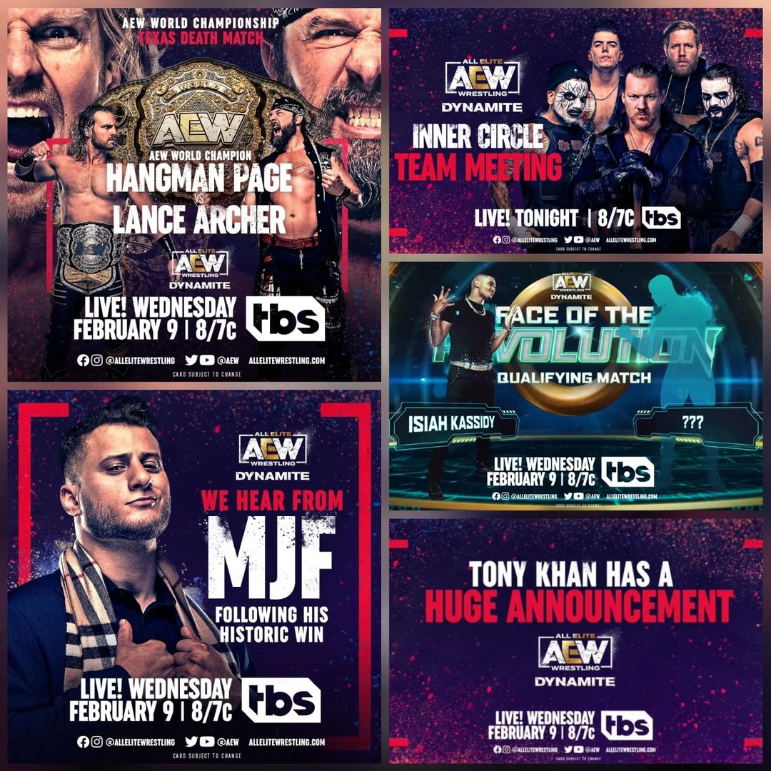 #HoyEnDynamite

- Hangman Page (c) vs Lance Archer | Texas Death Match

- Reunión del Inner Circle

- Escucharemos a MJF después de vencer a CM Punk

- Isaiah Kassidy vs ???

- Tony Kahn hará un anuncio importante

#AEWDynamite #AEWonTBS