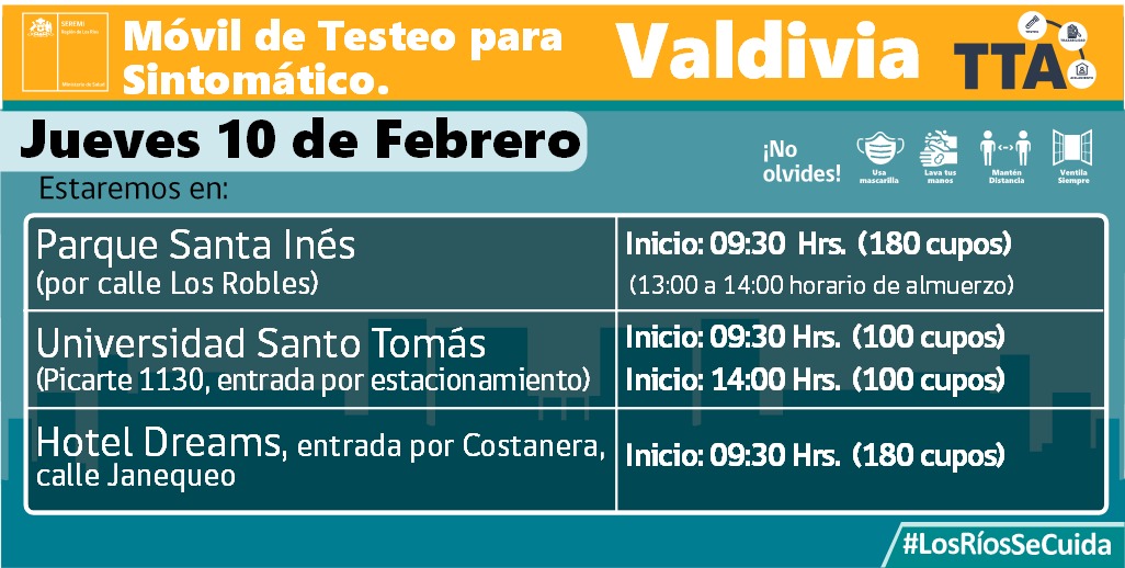 seremisalud14's tweet photo. [🚑📌TTA] 
Revisa los lugares donde se encontrarán este jueves nuestros BAC móviles realizando tomas de PCR en #LosRíos:
📌Valdivia
📌Máfil
📌Paillaco
Usa bien tu mascarilla, mantén la distancia y cuídate❗ 
#LosRíosSeCuida https://t.co/G7cezvGMxk