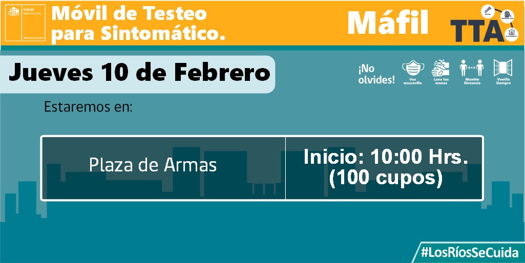 seremisalud14's tweet photo. [🚑📌TTA] 
Revisa los lugares donde se encontrarán este jueves nuestros BAC móviles realizando tomas de PCR en #LosRíos:
📌Valdivia
📌Máfil
📌Paillaco
Usa bien tu mascarilla, mantén la distancia y cuídate❗ 
#LosRíosSeCuida https://t.co/G7cezvGMxk