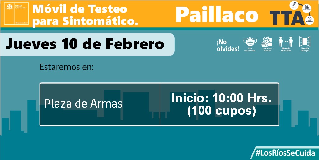 seremisalud14's tweet photo. [🚑📌TTA] 
Revisa los lugares donde se encontrarán este jueves nuestros BAC móviles realizando tomas de PCR en #LosRíos:
📌Valdivia
📌Máfil
📌Paillaco
Usa bien tu mascarilla, mantén la distancia y cuídate❗ 
#LosRíosSeCuida https://t.co/G7cezvGMxk