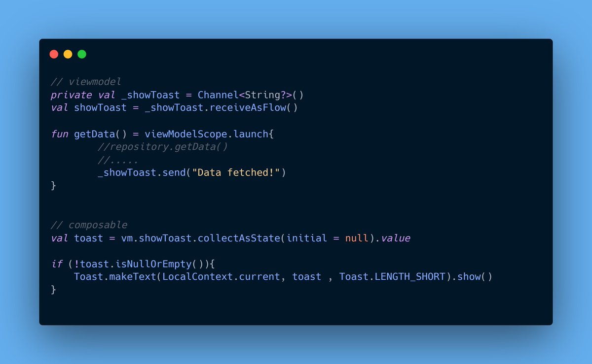 raystatic_'s tweet photo. #AndroidBytes
To handle one time events in UI, we can make use of Channels. It will survive configuration changes as well.

Know more about Channels here: https://t.co/TUcCgtNkoo

#AndroidDev #Kotlin https://t.co/IlaV2g2Mdq