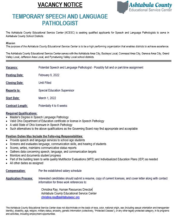 ashtabula_esc's tweet photo. The Ashtabula County ESC is searching for a Temporary Speech and Language Pathologist. Interested candidates should contact Christina Ray at christina.ray@ashtabulaesc.org. #speechlanguagepathologist https://t.co/ZelZBVcyQ0