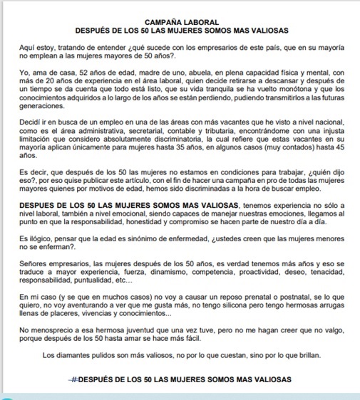 50ycontando1's tweet photo. Conseguir empleo en este país después de los 50 es terrible, la discriminación por la edad es increible únete a mi campaña "Después de los 50 las mujeres somos más valiosas" Lee mi artículo y ruedalo https://t.co/ZF4TiZY8Yl