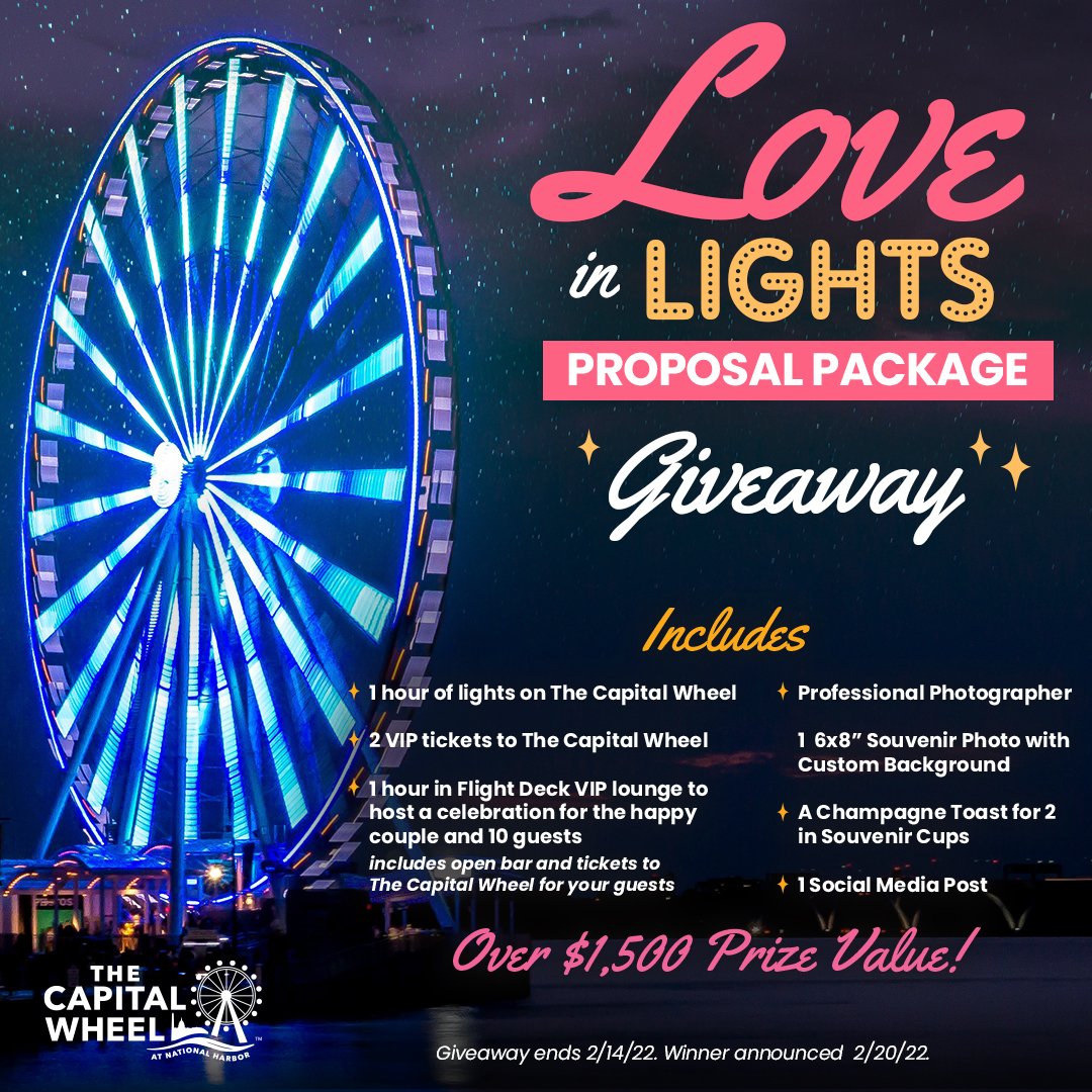 CapitalWheel's tweet photo. Win the ULTIMATE giveaway! Are you planning on popping the question? Enter to win the ultimate proposal package and all you’ll need is the ring! 💍 Enter to win here: https://t.co/Bv1UsBVct1 

@NationalHarbor  #wheellove #nationalharbor #HappyValentinesDay #WheelFun #discoverdc https://t.co/dUJKSPyNAQ
