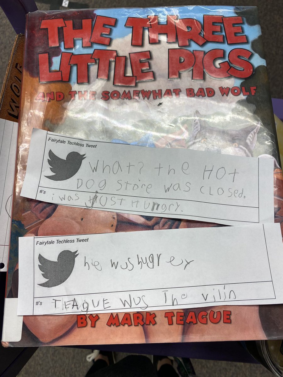 abctec's tweet photo. Cover a class at the beginning of the day and decided to do something a little different. The kiddos read #fracturedfairytales then created a tech-less tweet from the perspective of the villain defending themselves. They added #’s of #supportingdetails https://t.co/G5fgvkEQPK