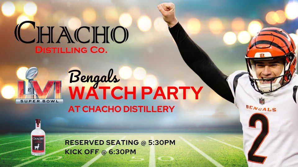 Chacho_USA's tweet photo. Our founder is a Cincinnati native, so we’re going all out for our Super Bowl watch party!! Tables available now w link in bio - we bought 2 new 8ft projector screens, we’ll be serving up Skyline Chili 3-ways, and feature a Bengals themed cocktail menu w  drink specials all game! https://t.co/ftTcZBIF1K