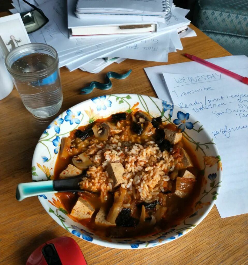 foodloverPDX's tweet photo. Kimchi jjigae desk lunch today with miso-sesame sticky rice is π―π―π― I made it with my #dumplingsequallove Napa Kimchi (rooted in + inspired by my favorite kimchi @choiskimchi). If you want to watch an early pandemic 4-part tutorial for it by yours truβ¦ https://t.co/hD2aGrB8Nw https://t.co/OSCOrW3r0X