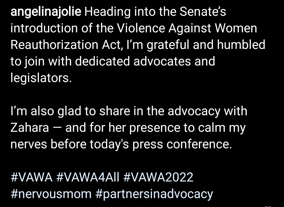 wantexjolie's tweet photo. 📲| “Heading into the Senate’s introduction of the Violence Against Women Reauthorization Act, I’m grateful and humbled to join with dedicated advocates and legislators. I’m also glad to share in the advocacy with Zahara [...]”

Angelina Jolie via Instagram https://t.co/4Be30VnEoL
