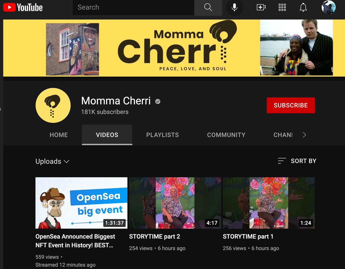 NFTtheft's tweet photo. NFT scammers have been hijacking artist's accounts on Twitter and IG, now it seems like they are hacking Youtube channels too. Here's an example of when they hacked @mommacherri's account to promote a scam on OpenSea. https://t.co/HSSwVJgaQE