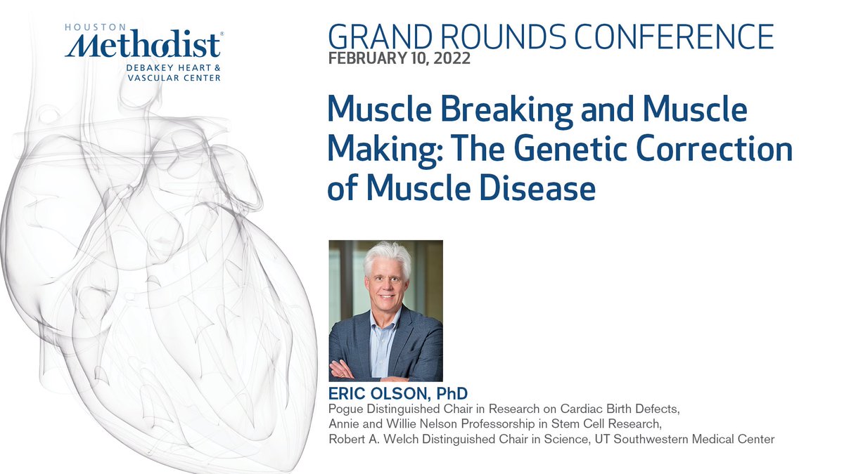 DeBakeyCVedu's tweet photo. Join us tomorrow at 8AM for this week’s Grand Rounds as Dr. Olson presents “Muscle Breaking and Muscle Making: The #Genetic Correction of Muscle Disease!” Watch it LIVE @ https://t.co/OhQbQQOisg
@WilliamZoghbi #geneedditing #heartregeneration #Cardiology #CVSciences #CardioEd https://t.co/rAMbkZOWDC