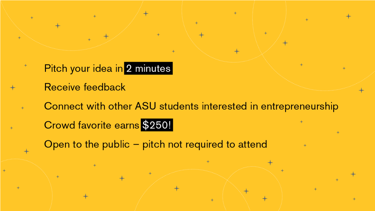 EntrepreneurASU's tweet photo. Have an idea? Pitch it virtually during #OpenPitchWeek February 21-25! Share it in less than 2 minutes, get feedback from attendees and connect with other @ASU students interested in entrepreneurship. Crowd favorite earns $250.

Register here: https://t.co/3Fd8OWt5GD #LaunchDays https://t.co/wNIFmT7hUB