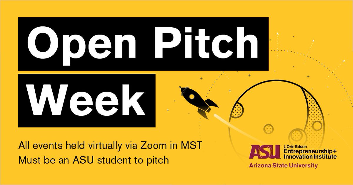 EntrepreneurASU's tweet photo. Have an idea? Pitch it virtually during #OpenPitchWeek February 21-25! Share it in less than 2 minutes, get feedback from attendees and connect with other @ASU students interested in entrepreneurship. Crowd favorite earns $250.

Register here: https://t.co/3Fd8OWt5GD #LaunchDays https://t.co/wNIFmT7hUB