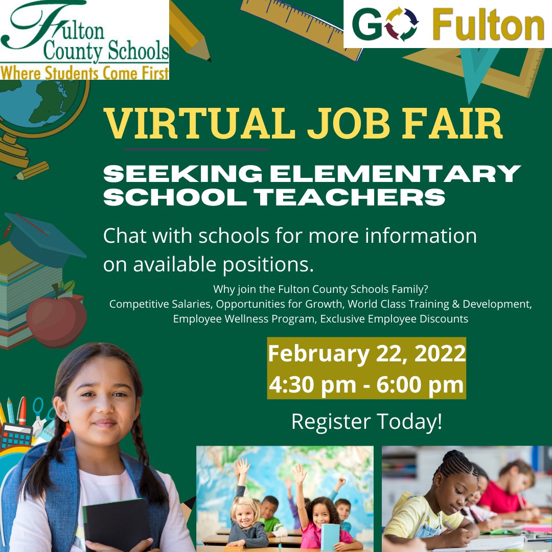 GO_Fulton's tweet photo. 🍎📚FCS is #Hiring Elementary School #Teachers. Join us for our virtual job fair! Don't miss the opportunity to chat with FCS Representatives. #TopTalent #GOFulton
📍Register Today: https://t.co/QFfHmAHwEm
@FultonCoSchools https://t.co/SPkImkgLxr