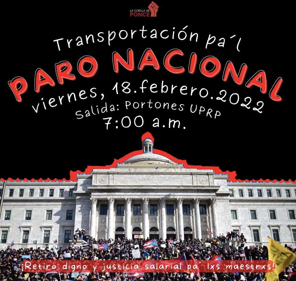 🚨Transportación pa’l #PARONACIONAL🚨

¡Exigimos #SalarioJusto y #RetiroDigno para lxs maestrxs y trabajadores!

Espacios limitados, apúntate aquí: forms.gle/PKo9dtWhSfauPU…