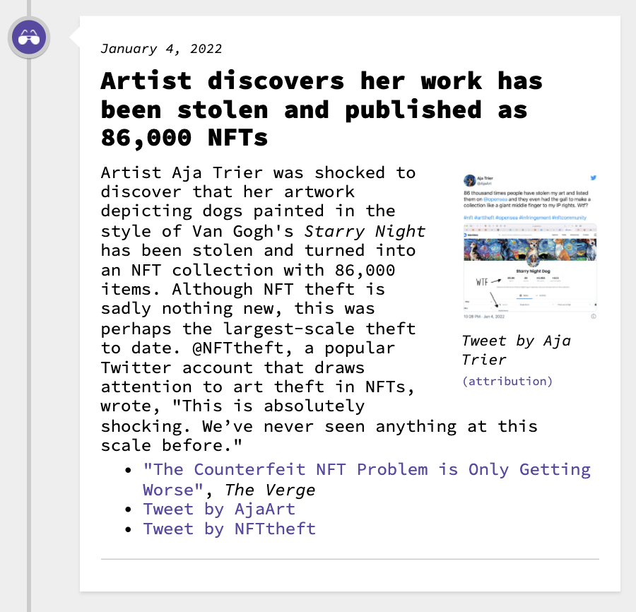 web3isgreat's tweet photo. Artist discovers her work has been stolen and published as 86,000 NFTs

January 4, 2022
https://t.co/ewOX8CfvJJ https://t.co/4J3ICfyP6W