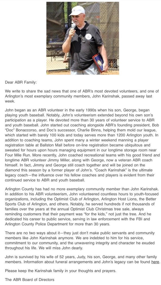 ASBR_Senators's tweet photo. We just got word from @ABRarlingtonBB that Coaching Legend John Karinshak has left us. More details in their writeup here. Here’s more details on how you can pay your respects: https://t.co/mKa1HD3eJU. 

Baseball Gods, you got a great one in your dugout, now.💔⚾️😇 https://t.co/ouGse4C1pU