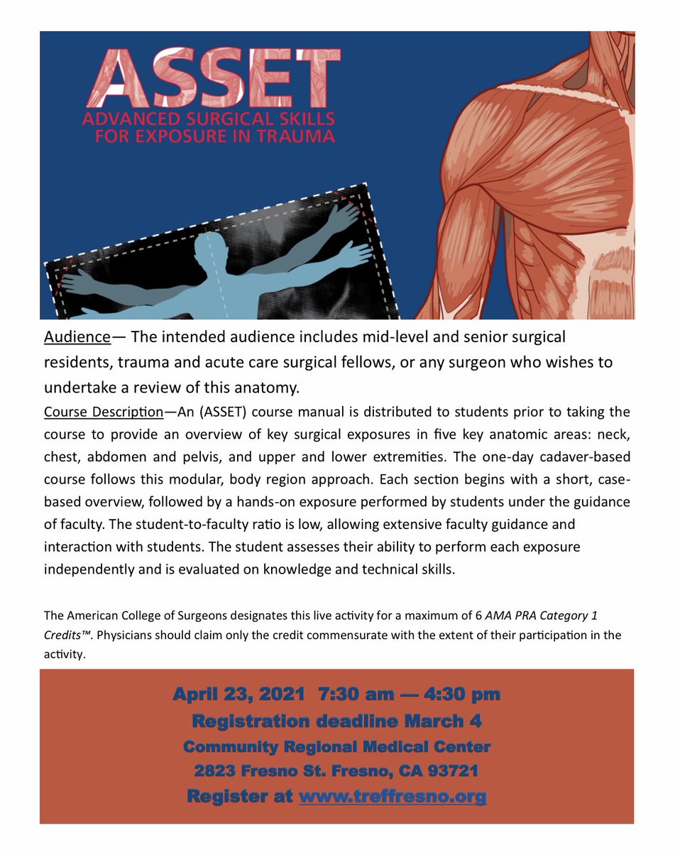 FresnoTrauma's tweet photo. ASSET (Advanced Surgical Skills for the Exposure of Trauma) class upcoming, registration link: https://t.co/LT7Kl1gZG3

#ASSET #SurgEd #TraumaSurgSkills https://t.co/KJm52q4Sbr