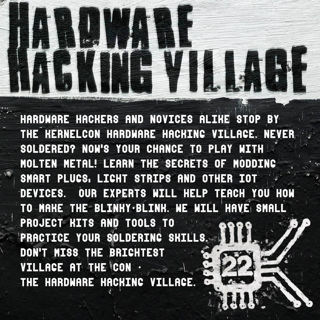 _kernelcon_'s tweet photo. We're excited to announce the villages at Kernelcon this year! First, we can't wait to have our Kernelcon Hardware Hacking village back in-person. New and experienced folks will want to join our Kernelcon tinkerers at this fun hands on village.

Register! https://t.co/LR0L6VMTXf https://t.co/oWpSFkMtvv