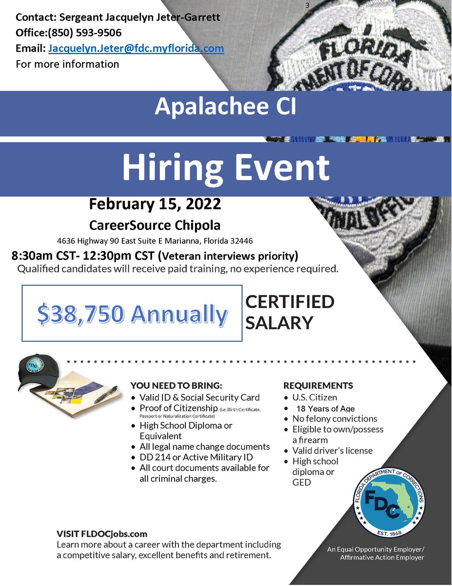 CSChipola's tweet photo. Join us in Marianna next Tuesday to discuss a new career with @FL_Corrections! 

A recruiter from ACI will be on-site to meet with qualified applicants. Don't miss it!

#CSCWorks #ChipolaWorks #Corrections #NowHiring https://t.co/cIvNNDPOVI