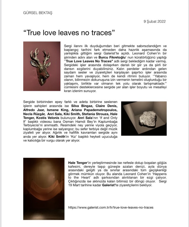 gurselbektas's tweet photo. True Love Leaves No Traces sergisi 19 Mart tarihine Galerist’te

#SilvaBingaz, #ClaireDenis, #AlfredoJaar, #ArianaPapademetropoulos, #NeclaRüzgâr, #AnriSala, #StefaniaStrouza,#IsmeneKing, #KostisVelonis

@artistkikismith @haletenger
@NTVKSanat @gecegunduz @galerist @gulayavsar https://t.co/ZhJPgw22gZ