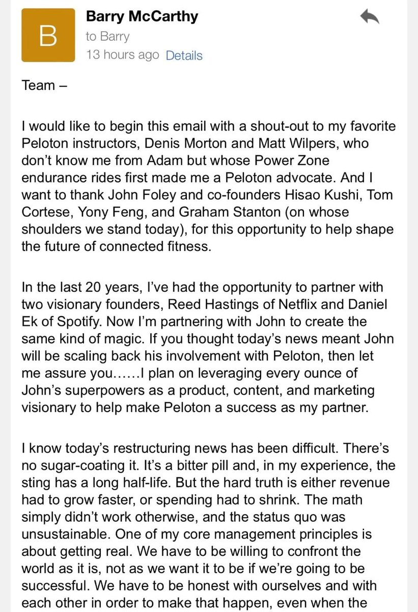 sarthakgh's tweet photo. "We have to be willing to confront the world as it is, not as we want it to be if we’re going to be successful."

Great memo from the new Peloton CEO https://t.co/iVEPecuI8i