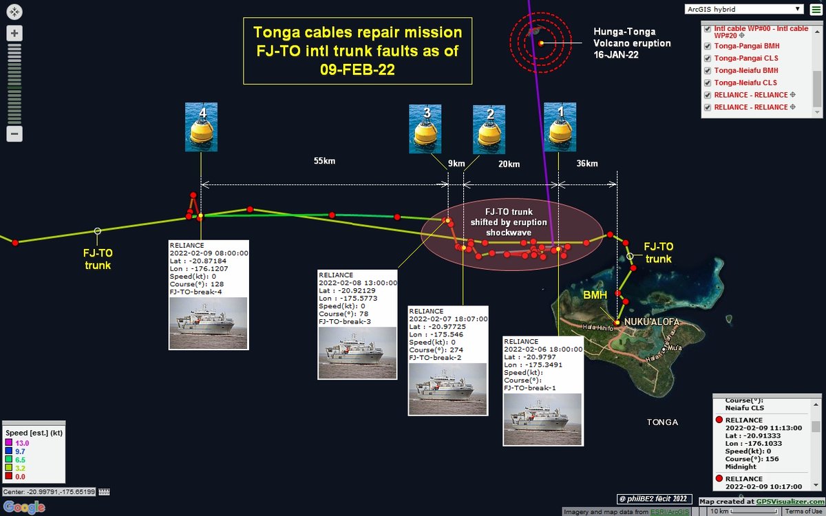 philBE2's tweet photo. @SubCableWorld @SubComLLC @tonga_comm @DigicelTO @ConnectStHelena 09FEB22 🇹🇴Tonga communications disruption
🇲🇭🚢CS Reliance so far located no less than 4 distinct cable break faults. (see diagram for approximate linear distance between faults)
RFS tentative 🗓️ 20-FEB-22 yet…🤔
@SubcomLLC @Tonga_comm @DigicelTO @ConnectStHelena #TongaCable https://t.co/y6Yl3t71K8