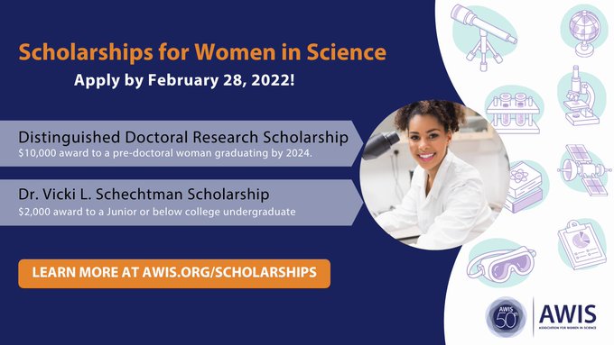 JKamens's tweet photo. Please share! @AWISnational has #scholarships for undergraduate and pre-doctoral #WomenInScience and #WomenInSTEM. Apply by 2/28, learn more https://t.co/ugCjM13Uee https://t.co/cd6wP5nAo0