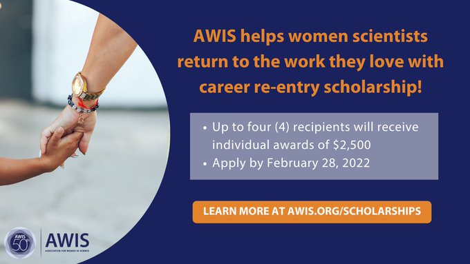JKamens's tweet photo. Are you looking to return to #STEM after 2+ years? An @AWISnational career reentry scholarship can help make it happen. Apply by 2/28! https://t.co/ugCjM13Uee https://t.co/E3pvovGt00