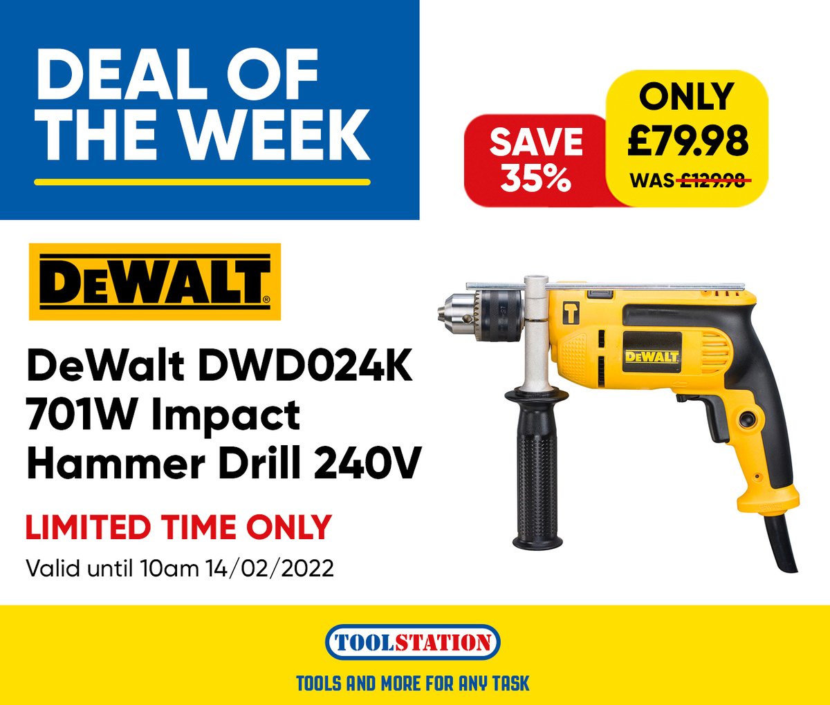ToolstationUK's tweet photo. You all know the drill... it's Deal of the Week! 

Save 35% on the DeWalt 701W Impact Hammer Drill 240V! 🛠️ 

Just head to the link to grab this amazing offer! 🔗 https://t.co/YlG42Tur8t

#tooldeals #dealoftheweek #discountedtools #tradeoffers #toolstationuk https://t.co/ivWJEXrQxY