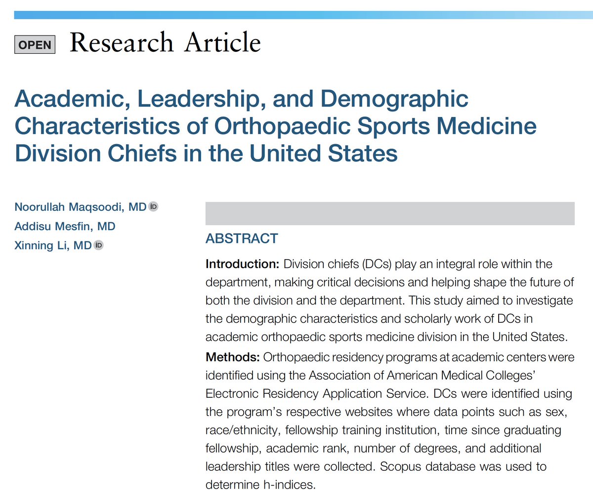 TigerLiMD's tweet photo. @yuichi_hoshino Thank you for the comments. We found that Sports Medicine DCs in the US were 96% Men, 86% White, on average 20 years past fellowship, average H Index of 21, 48% professor, and @HSSProfEd was the top fellowship attended. @AOSSM_SportsMed @AANAORG @AAOS1 @The_BMC https://t.co/G9UfCEWvov