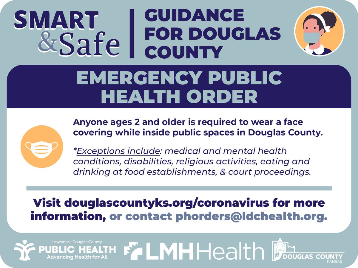 douglascountyks's tweet image. During tonight’s meeting, County Commissioners approved extending a public health order that requires face masks for those ages 2 and older inside public spaces in Douglas County. The order will remain in effect until March 2.
douglascountyks.org/coronavirus
@lmhorg @LDCHEALTH @dgcoem