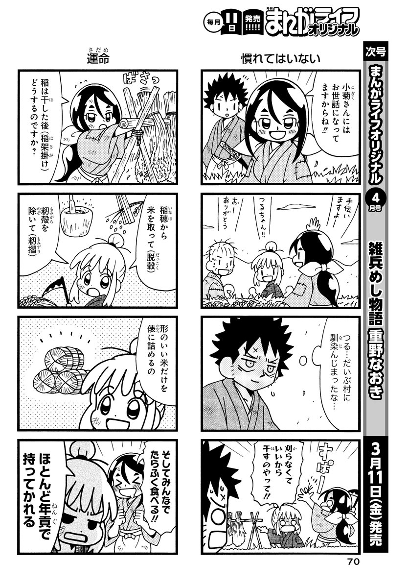 「雑兵めし物語」15話掲載のまんがライフオリジナル本日発売です。戦国時代の農民たちのお話です。
#雑兵めし物語 