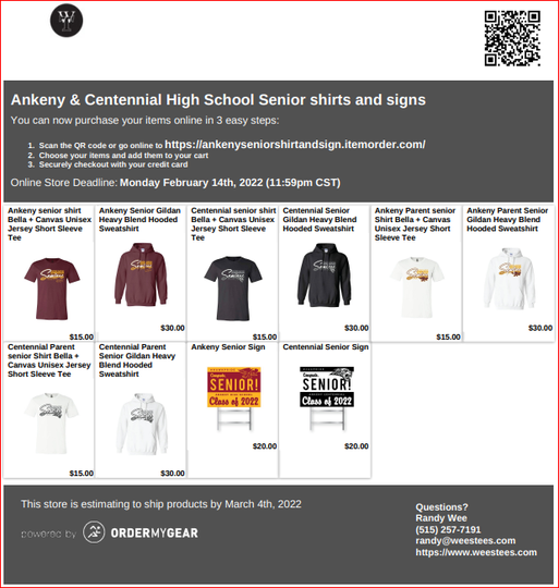 CentennialProm's tweet photo. Just a reminder that the Wees Tees Ankeny Centennial High School Senior shirts and signs orders must be in by Monday, Feb 14th. by midnight.
https://t.co/8XVjzdTIM8 https://t.co/nCi82cI3oG