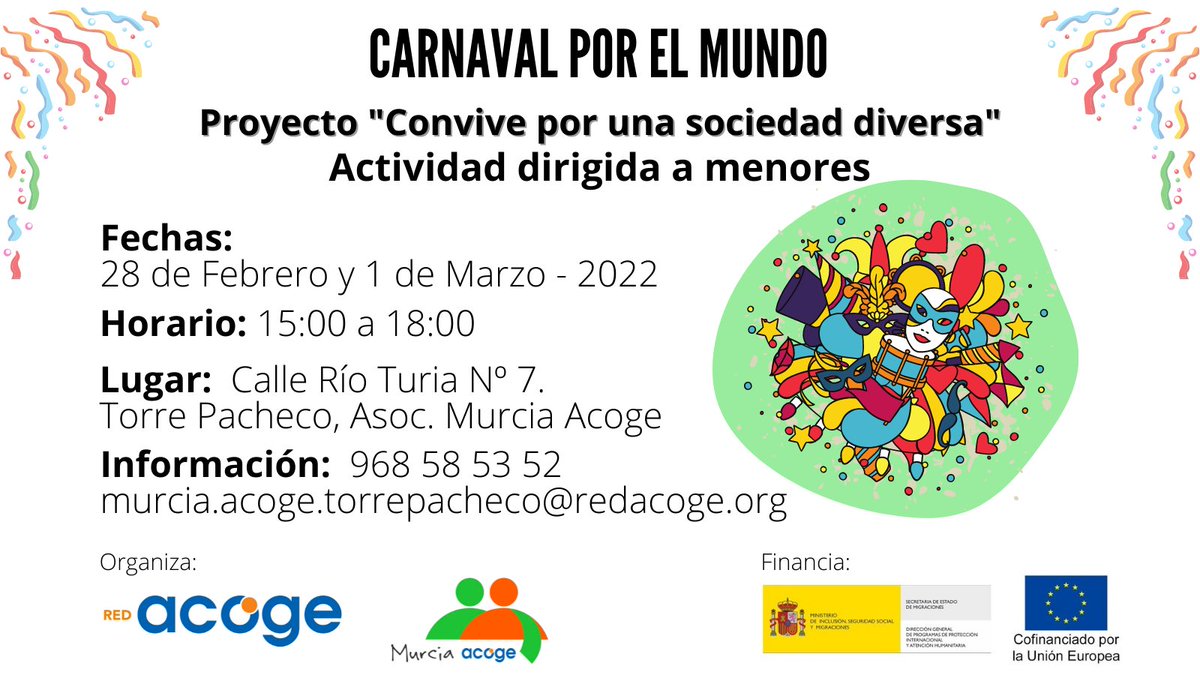 MurciaAcogeOng's tweet photo. La alegría de los🎭#Carnavales2022 vuelve a dibujar sonrisas en nuestros niños y niñas y queremos celebrarlo y a la vez construir una sociedad más justa y cohesionada como nuestra manera de entender la fiesta.
Inscripciones abiertas 📝
#proyectoconvive #NiñezProtegida @REDACOGE https://t.co/MmhilSQzC5