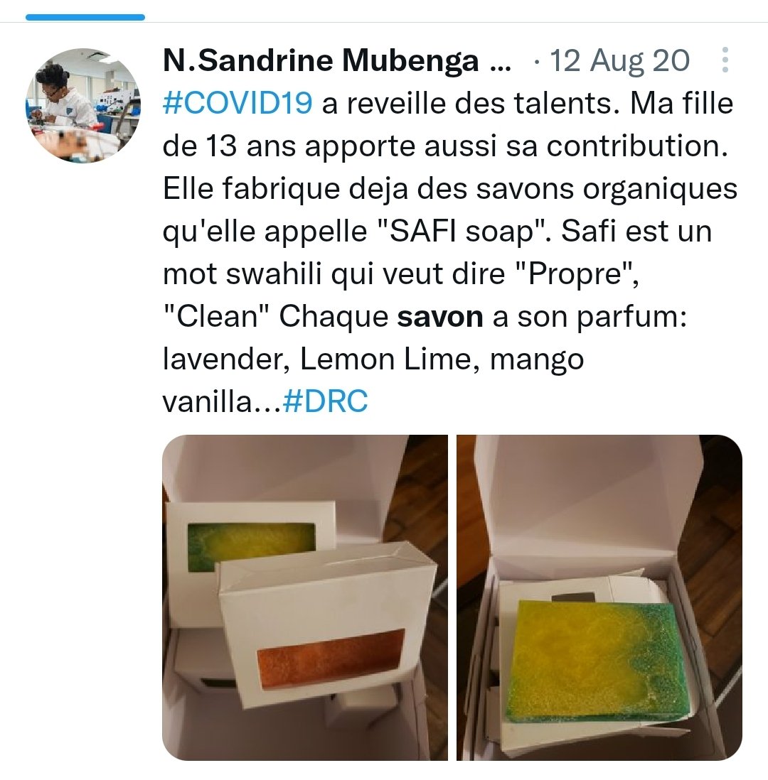 NgalulaPe's tweet image. A 13 ans, dans son combat contre la #covid, elle a fabrique son savon organique.
Aujourd&apos;hui a 14 ans, elle a ete selectionnee et admise dans le programme d&apos;une annee
#GoogleCodeNext 
Comme maman, je ne demande pas  mieux. #ProudMom!
@EbambiKatalayi attend toujours son savon!