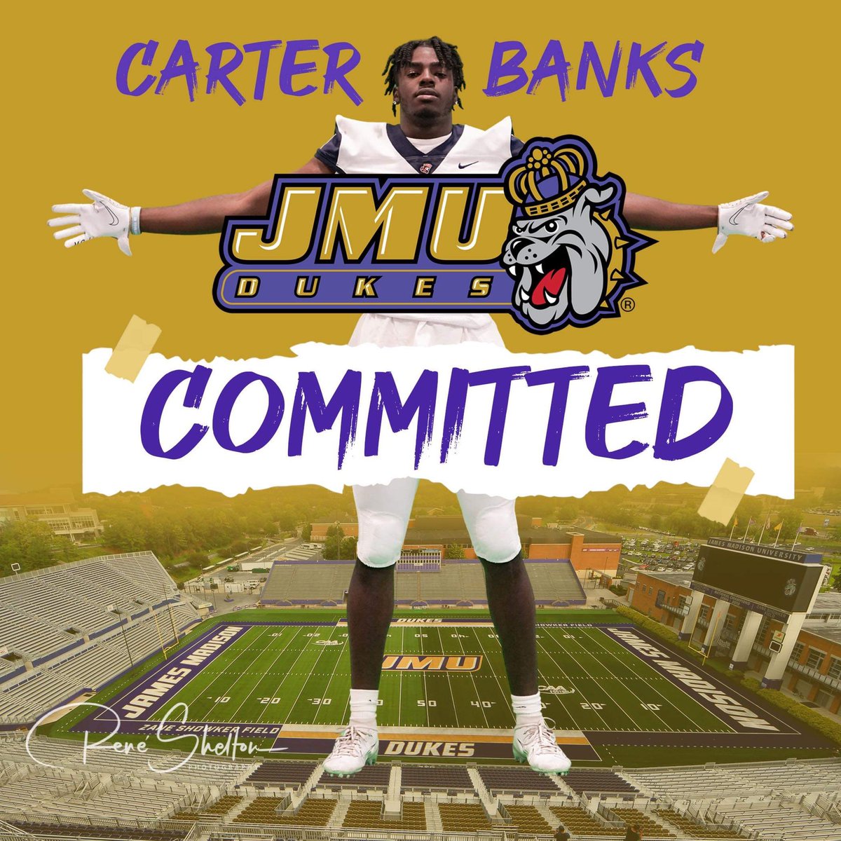 Carter7Banks's tweet photo. Glad to say I’m 1000% committed #godukes💛💜 @Coach_BHaines @Coach_PatKuntz @hhspioneersfb https://t.co/XnE31SPhGL