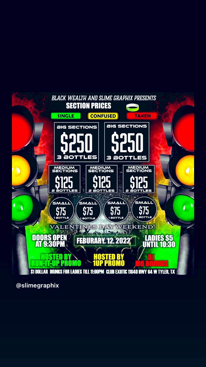 BWFBlacc's tweet photo. This SATURDAY!!! #SLPV-Day
Presented by @BlackWealthFam & @Slimegraphix
Hosted by @1UPPromo #RunItUpPromo
•@djmobounce on the 1s&2s
•SECTIONS (includes bottle service)
•$75 Small Section 1 bottle
•$125 Medium Section 2 bottles
•$250 Large Section 3 Bottle https://t.co/fdr7rBScIG