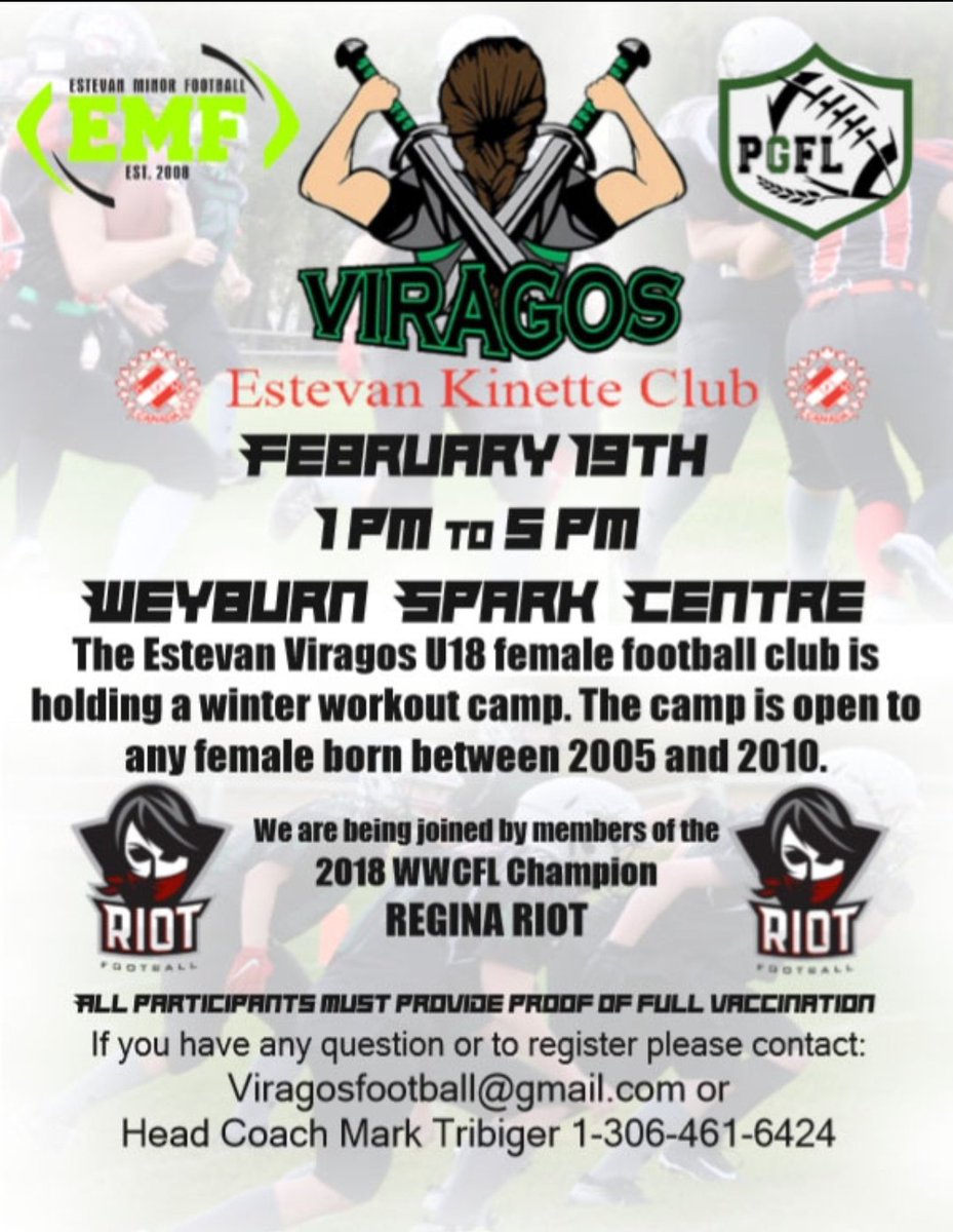 Viragosfootball's tweet photo. only got 10 days till the winter camp with the @ReginaRiot! If you need info message! #viragofootball #weyburn #estevan #Saskatchewan #gridirongirls #playlikeagirl https://t.co/FgVnNY8fCG