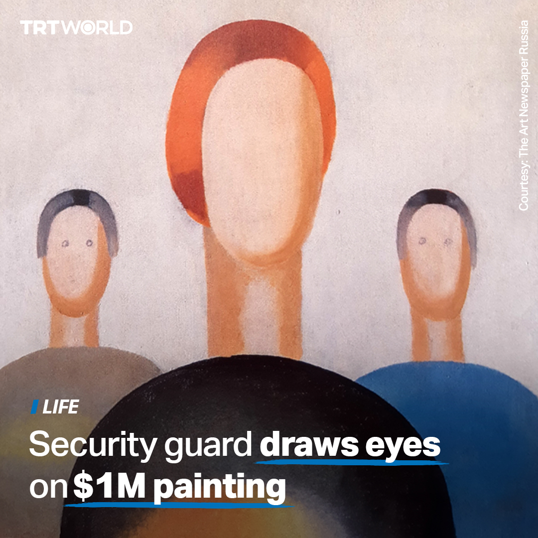trtworld's tweet photo. A ‘bored’ security guard destroys a $1 million painting by drawing eyes on it during his first day on the job.

Faceless figures were depicted in artist Anna Leporskaya's 'Three Figures' (1932–1934) painting, which was on display at an art gallery in Russia. https://t.co/HZ65XC1KS9