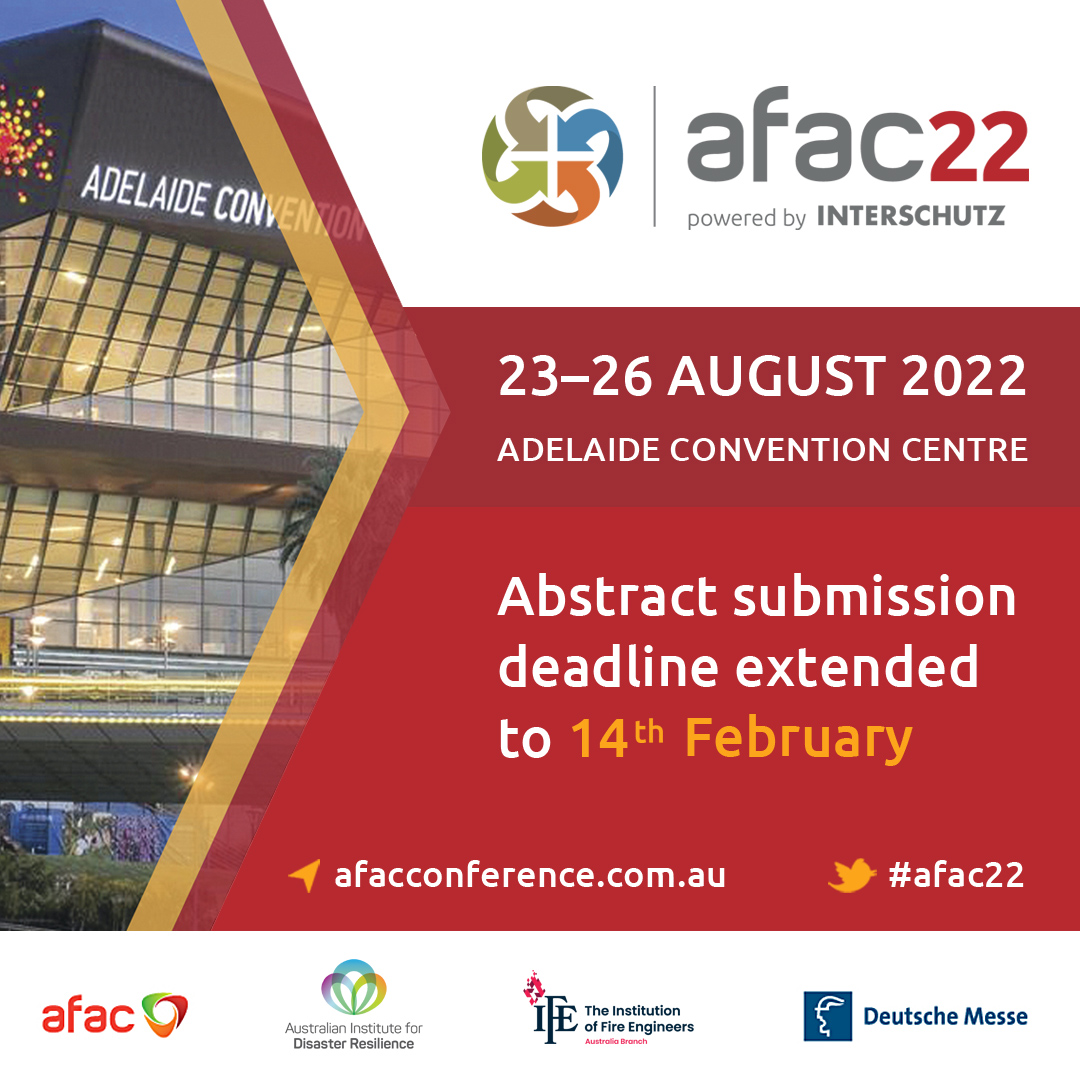 AFACnews's tweet photo. Only 5 days left to submit your abstract to #AFAC22! Join us in Adelaide on 23-26 August to explore the theme 'Connecting communities. Creating resilience.'

Submissions close 14 February: https://t.co/on4Nvuq5tG https://t.co/89pBVf5RJ6