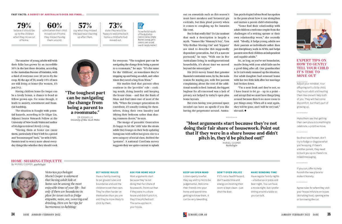 DrEdgarLiu's tweet photo. I spoke with Paul Merrill for DARE Magazine (by Australian Seniors) about #multigenerationalfamilies last year. The story is out now in its Jan-Feb issue. Tissues ready for the last quote 😢

#LivingTogether #multigenhousehold #multigenfamily https://t.co/uvPfks0J92