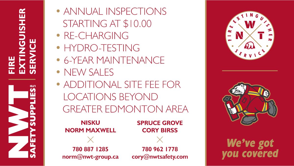 NWTSafety's tweet photo. Stay up to date with fire safety. Choose NWT Safety Supplies Ltd. as your source for new fire extinguishers and fire extinguisher service. #fireextinguisherservice #newfireexginguishers #nisku #sprucegrove https://t.co/FBagJQmhuq
