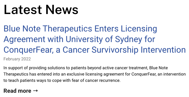 cancer_K2A's tweet photo. I'm stoked that the #ConquerFear/#iConquerFear treatments for #Cancer #FearofRecurrence have been licenced to #BlueNoteTherapeutics for further research & commercialisation to increase access to #FCR treatment in 🇺🇸&🇨🇦 Now more investment needed in 🇦🇺 https://t.co/diDOCoYNpj https://t.co/M8CENeNw0B