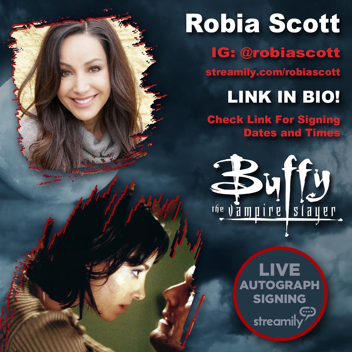 StreamilyLive's tweet photo. A goddess, a vampire, and a technopagan walk into a livestream autograph signing...and IT'S TOTALLY AWESOME! @ClareKramer @juliebenz and #RobiaScott will be joining forces FRIDAY at 2 PM PST for a #BTVS signing on IG live - reserve your prints here: https://t.co/3FdvkUwRru https://t.co/Swj0A5nPOT