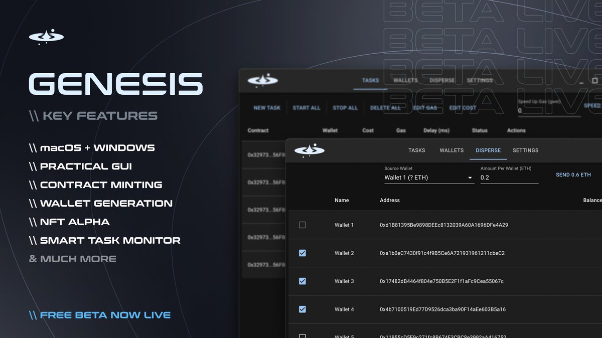 TheGenesisBot's tweet photo. Our Genesis Beta is now LIVE and FREE 💫

+ macOS/Windows support
+ Direct ETH contract minting
+ Multi-wallet support 
+ Smart contract monitoring 
+ Disperse funds
+ Wallet generation
&amp; much more coming soon.

Need access? 
• RT ♻️
• Like ❤️
• Tag a friend below 🫂 https://t.co/vW3cyqIkr3