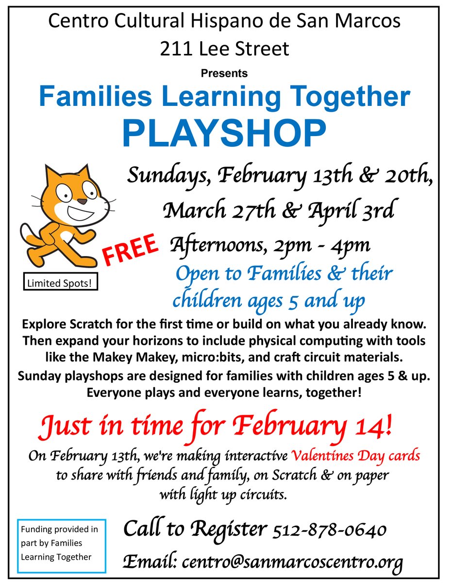 flt_smtx's tweet photo. Don't forget to register for our playshop with Centro Cultural Hispano de San Marcos on Sundays starting this Sunday, February 13th, by calling 512-878-0640! 

#FLT_SMTX @scratch @makeymakey #papercircuits #Centro #creativecomputing #Scratch https://t.co/2DIoiBGoay