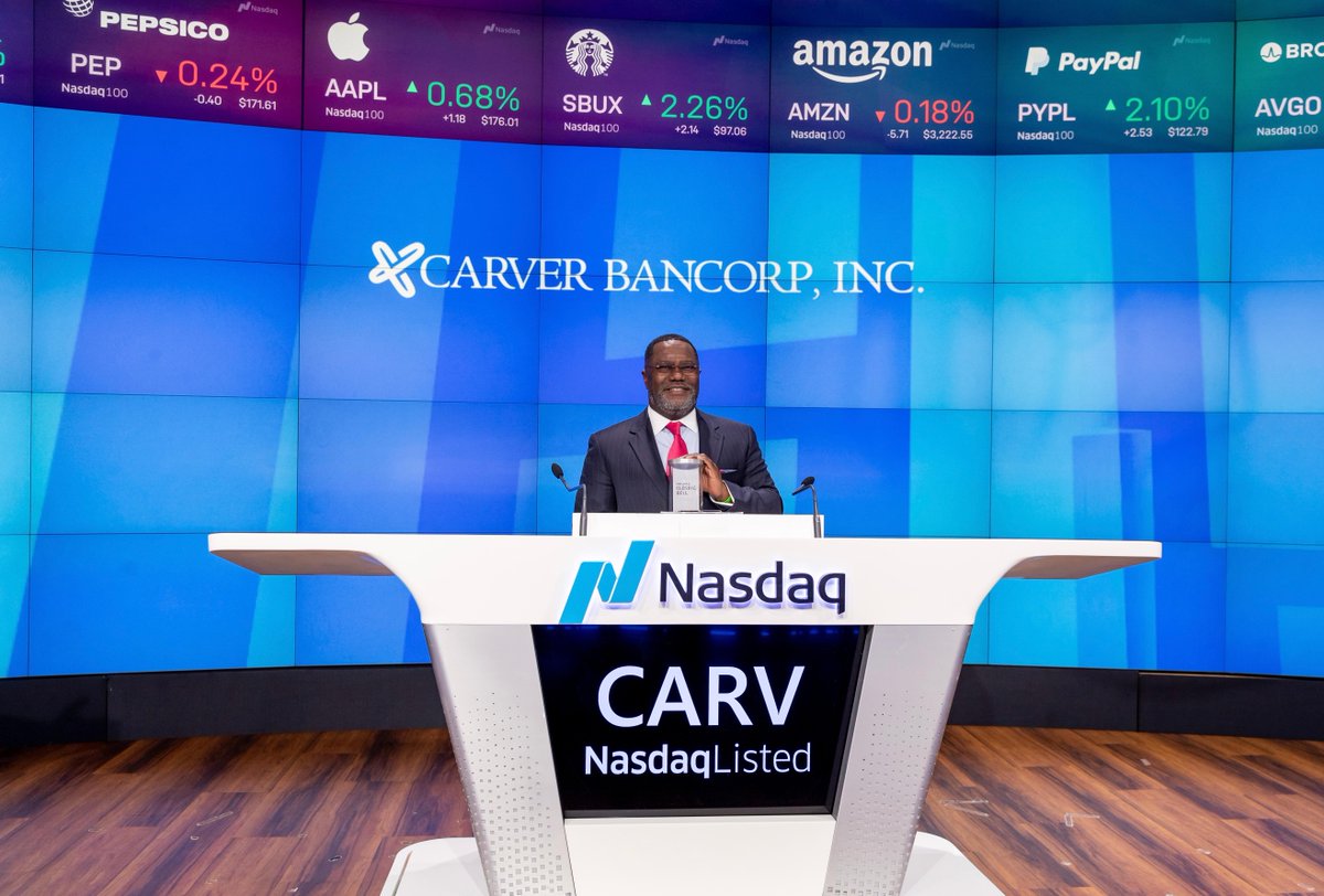 Welcoming <a href="/CarverBankNYC/">Carver Bank</a> to the <a href="/Nasdaq/">Nasdaq</a> Closing Bell in honor of #BlackHistoryMonth! 🔔

Founded in 1948, $CARV provides access to capital and banking services with a focus on minority and women-owned business enterprises and consumers across the greater NYC region.